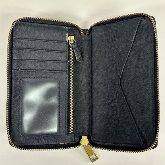 Fossil Black Leather Zip Around Wallet with Brass Hardware - Picture 3 of 6